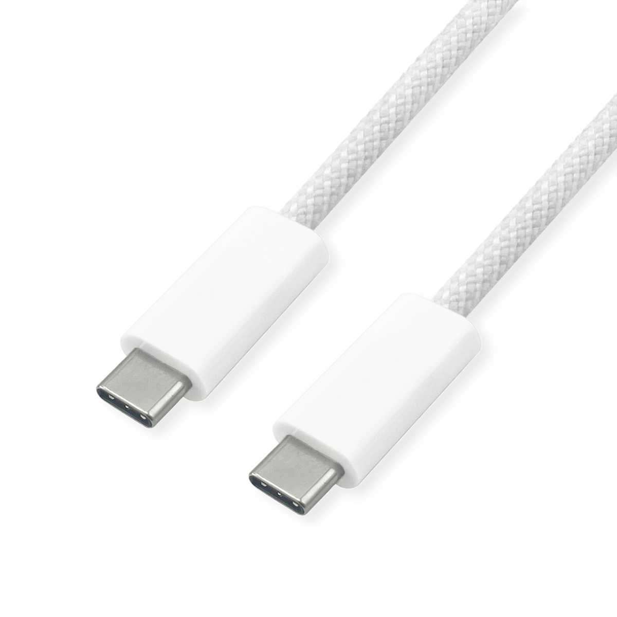Twee witte, met stof omwikkelde USB-C kabels liggen diagonaal.