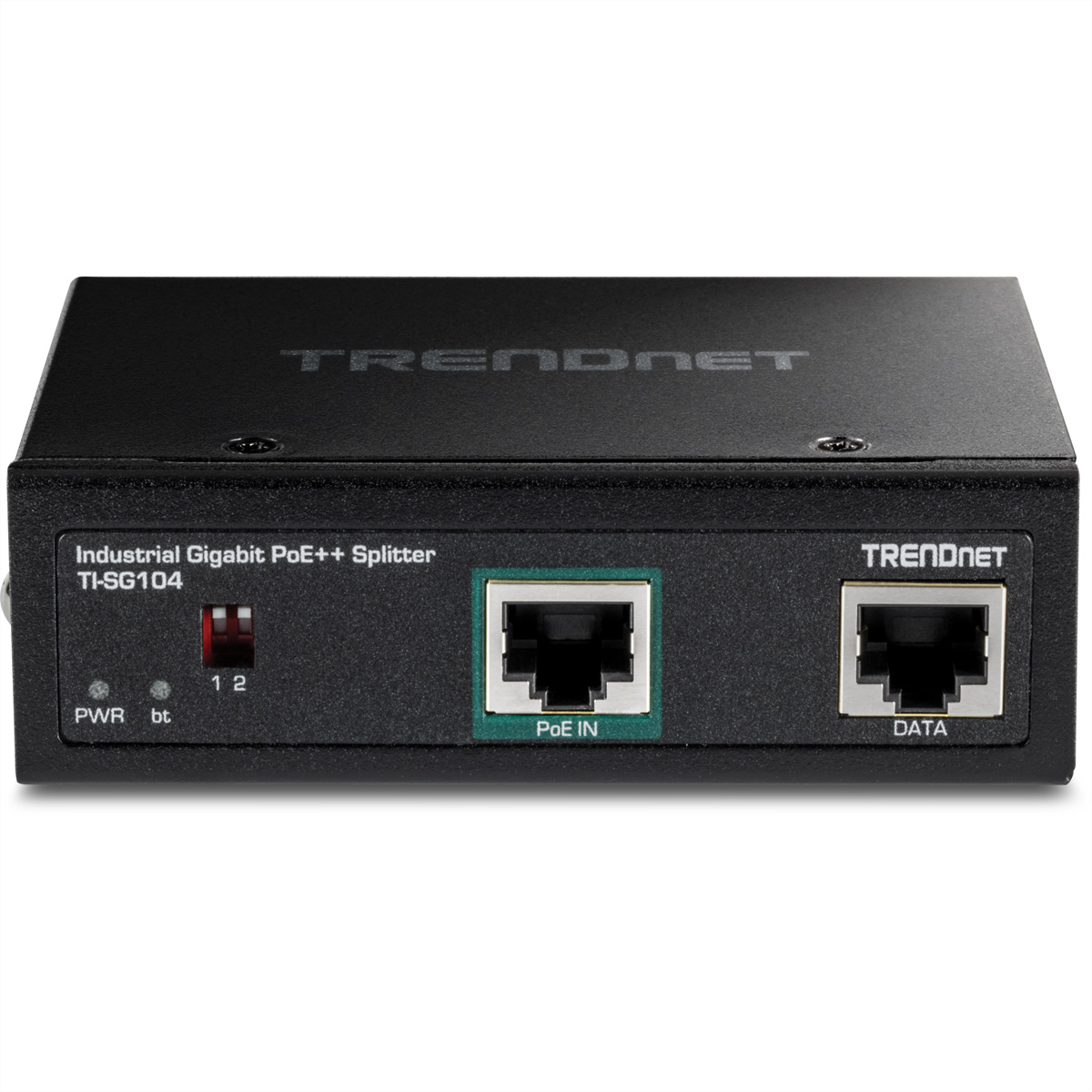 Zwarte Trendnet PoE++ splitter met twee Ethernetpoorten en labels.