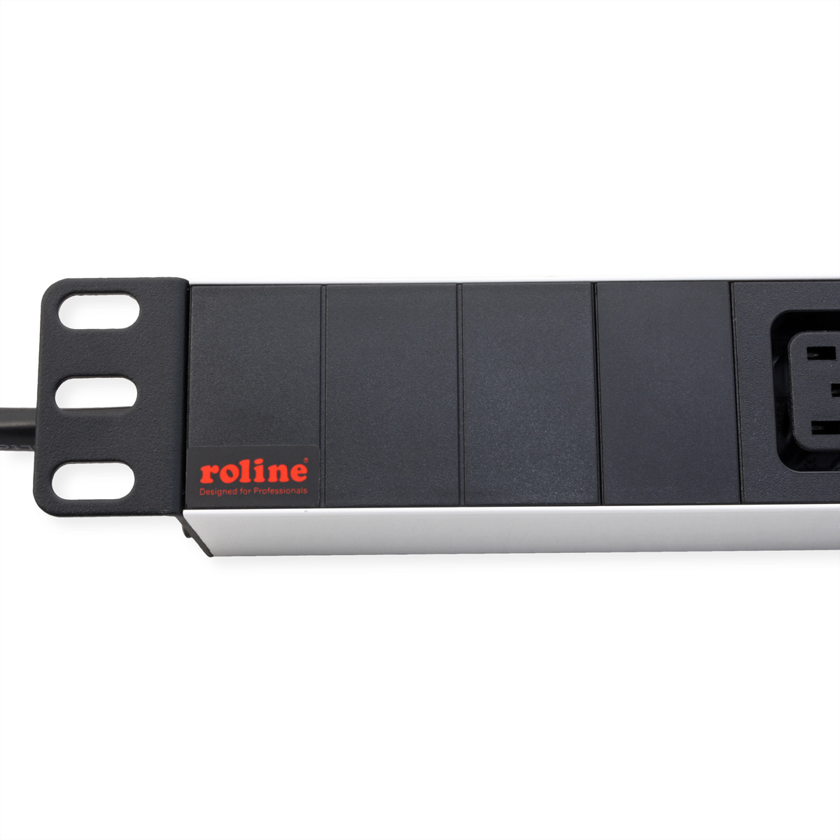 Listwa zasilająca Rolline z uchwytami do montażu w szafie, czarna obudowa.