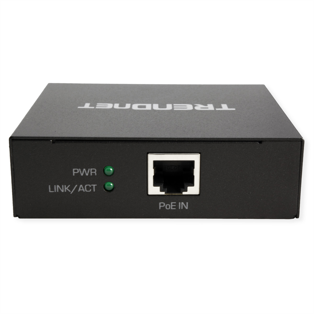 Schwarzer Trendnet PoE-Injektor mit RJ45-Anschluss und zwei grünen LEDs.