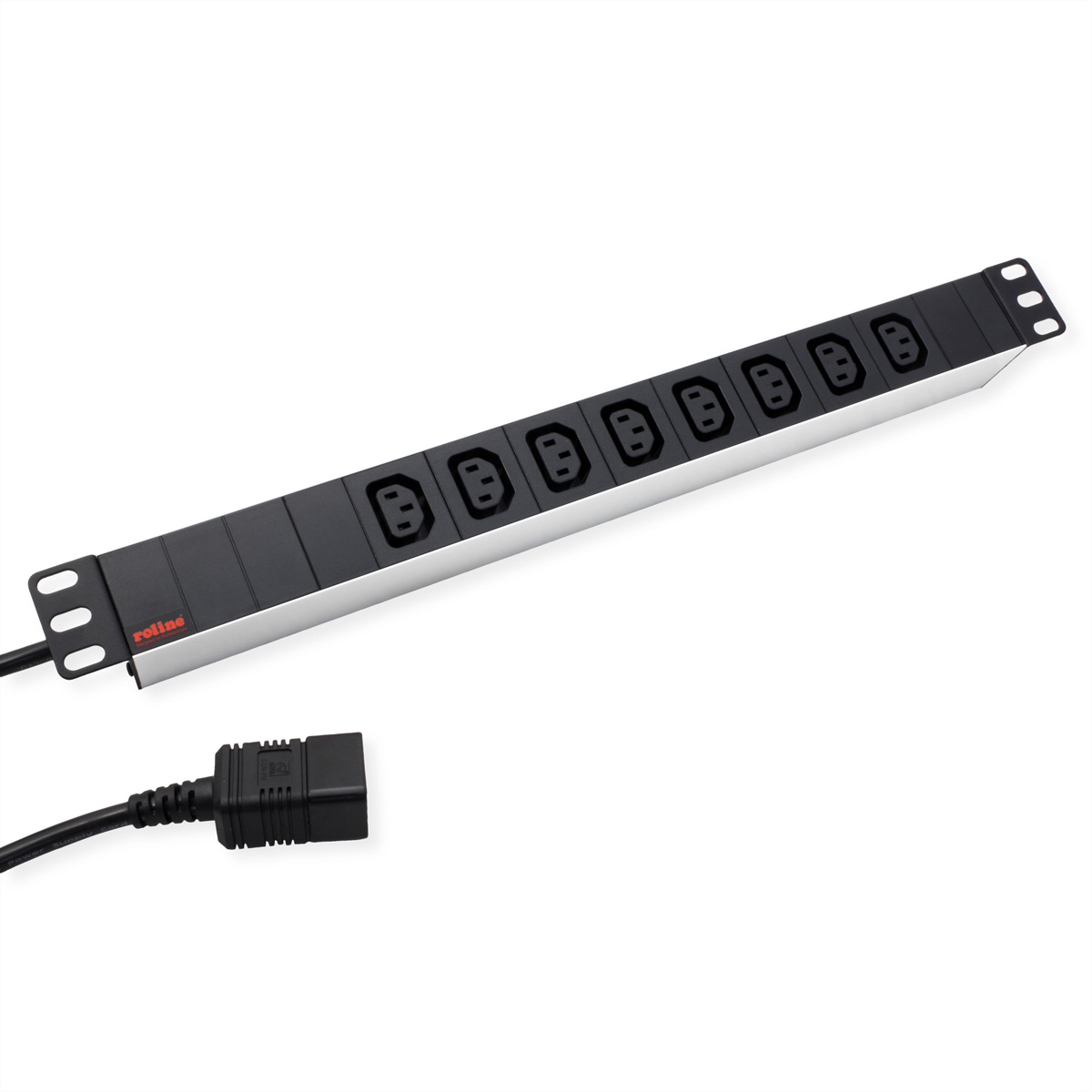 Czarny listwa zasilająca z 8 gniazdami, srebrną obudową i wtyczką.