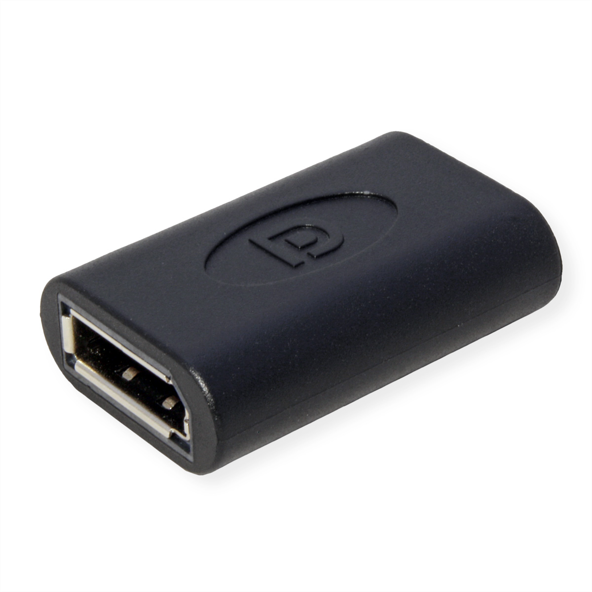 Ein schwarzer USB-Adapter mit einem eingeprägten P-Logo auf weißem Hintergrund.