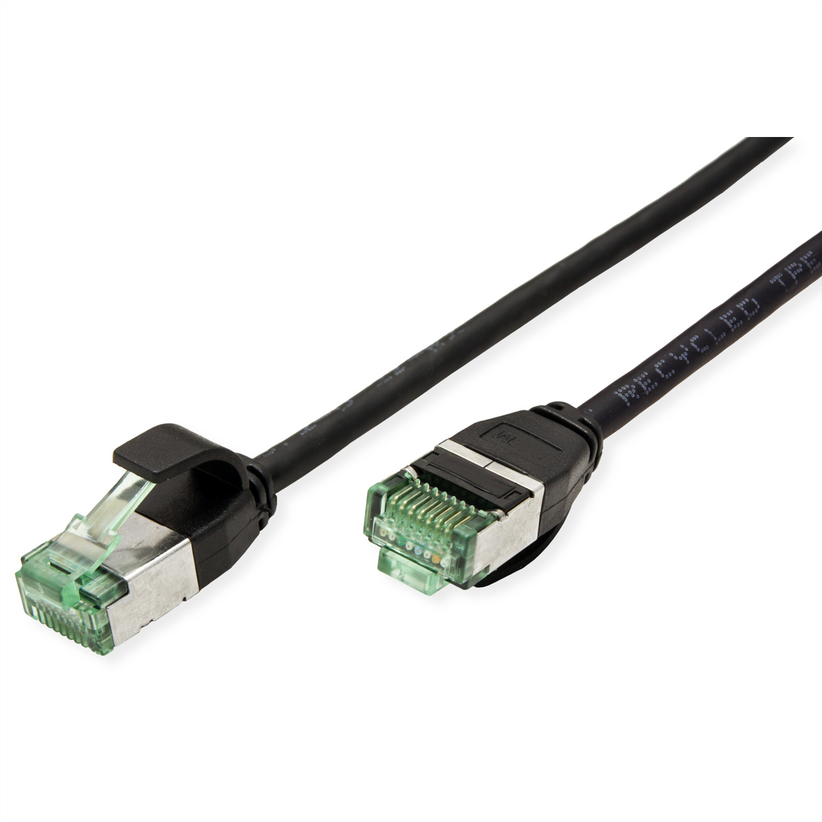 A black Ethernet cable with RJ45 connectors, one with a clip.