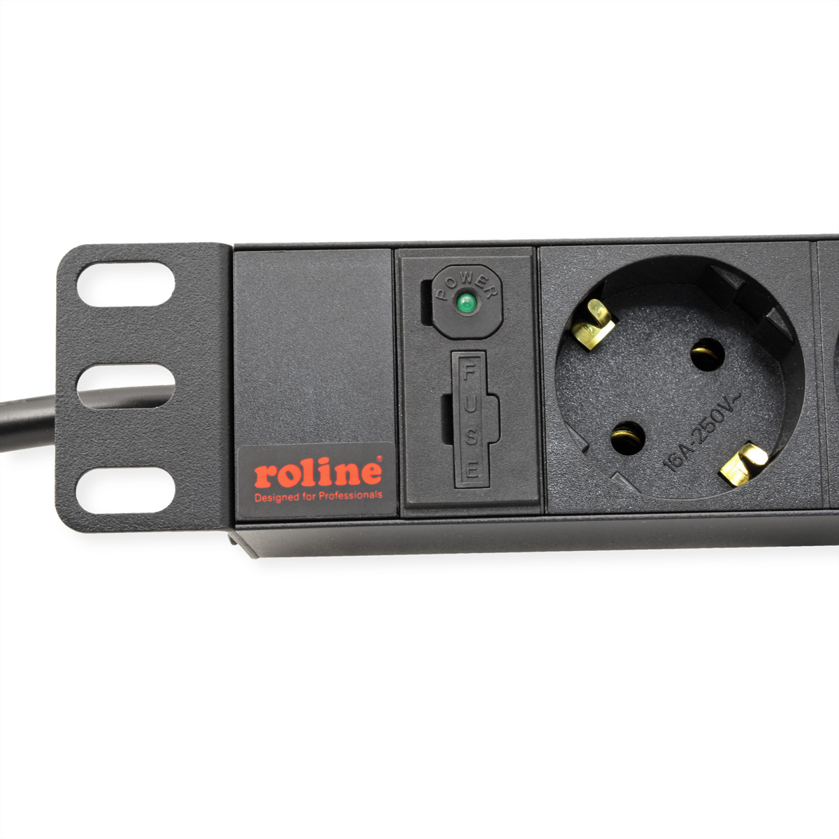 Czarna listwa zasilająca z bezpiecznikiem, wyłącznikiem i logo Roline.