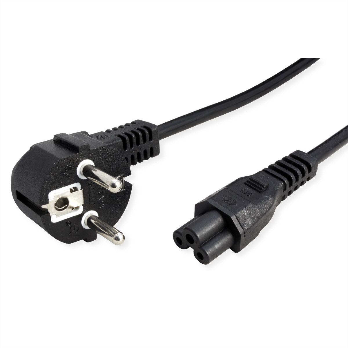 Câble d'alimentation noir avec prise européenne et connecteur IEC à trois broches.