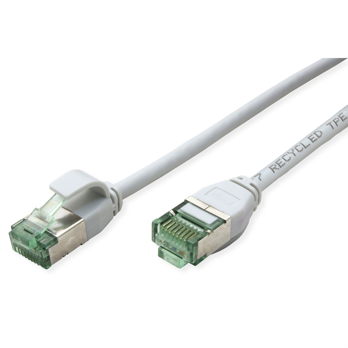 Een grijze Ethernet-kabel met RJ45-connectoren, helder plastic en metaal.