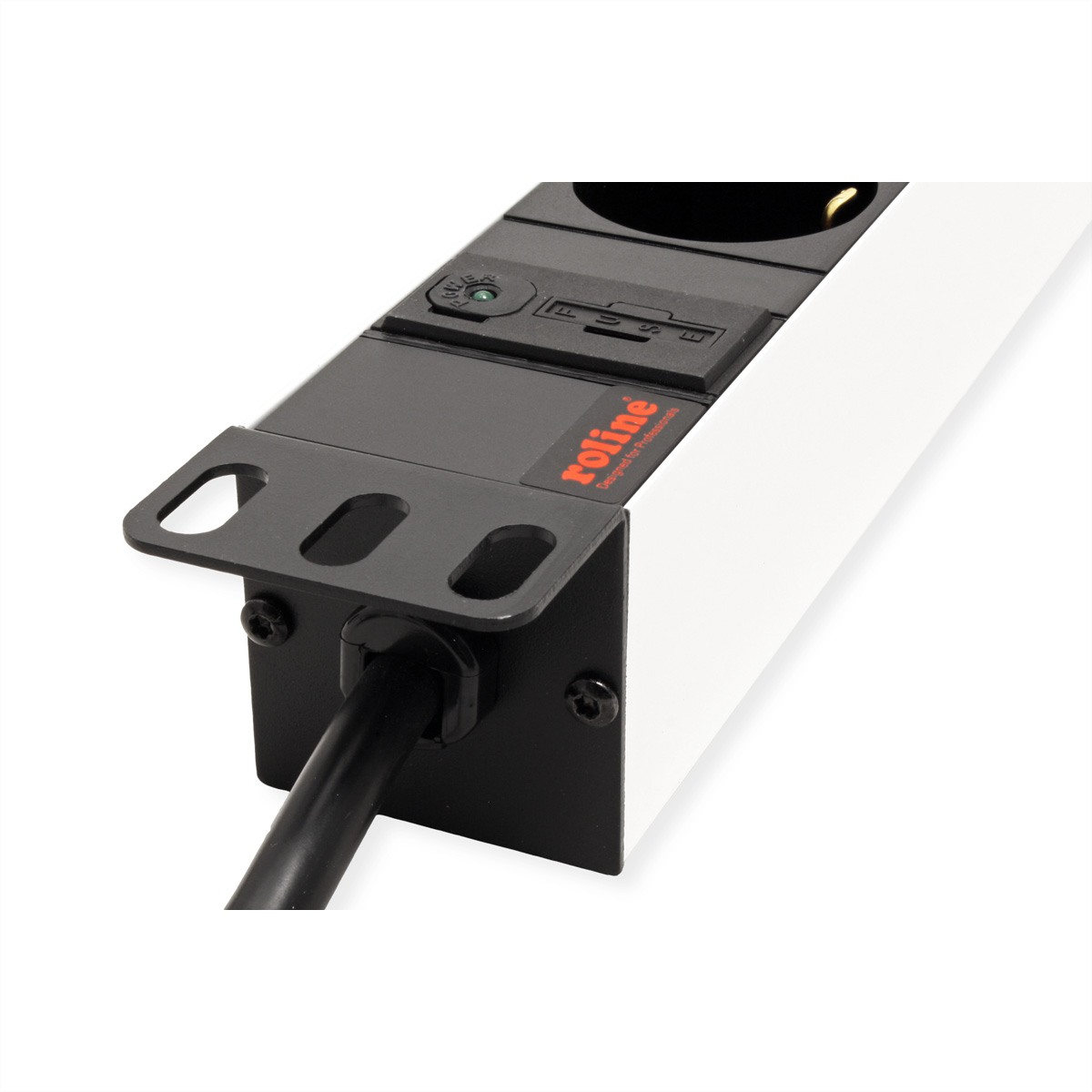 Biała listwa zasilająca z czarnym kablem i uszami rack. Widoczne logo Roline.