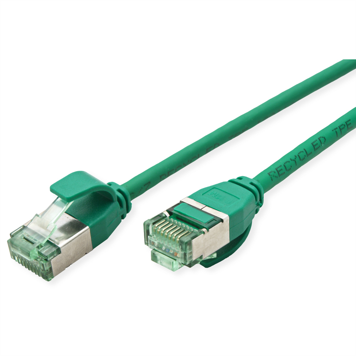 Een groene Ethernetkabel met RJ45-connectoren.