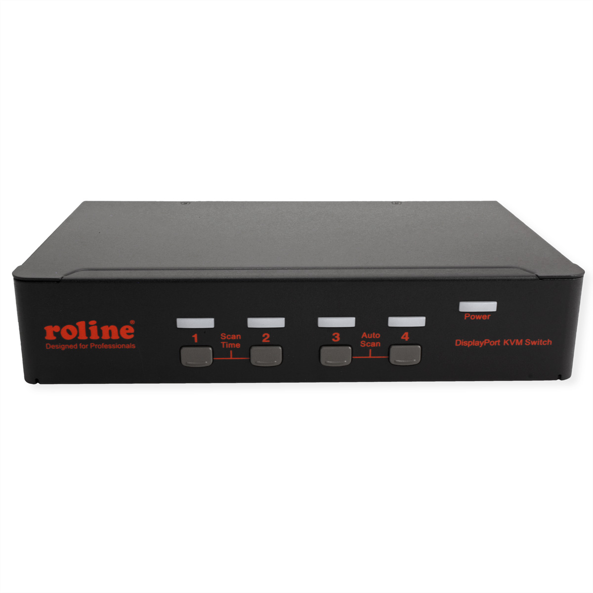 Een zwarte Rolline DisplayPort KVM-switch met vier knoppen en labels.