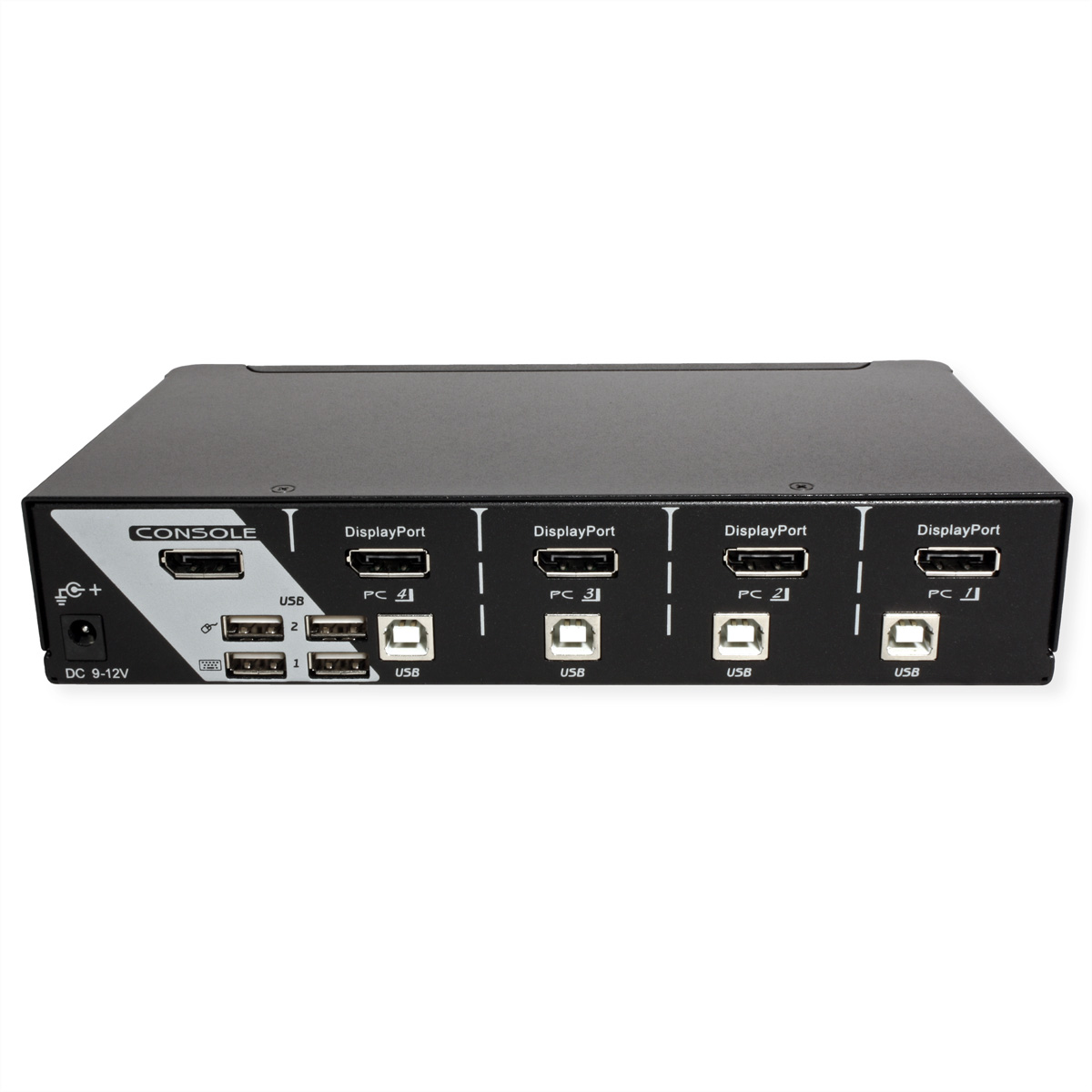 Zwarte KVM-switch met vier DisplayPort- en USB-aansluitingen.