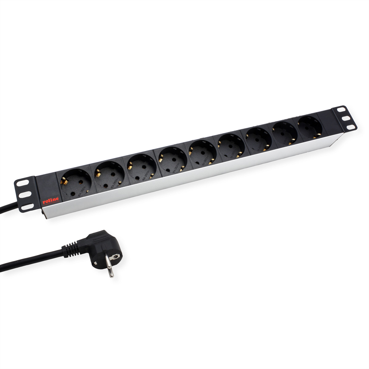 Eine silberne Steckdosenleiste mit acht schwarzen Steckplätzen und einem schwarzen Kabel mit Stecker.