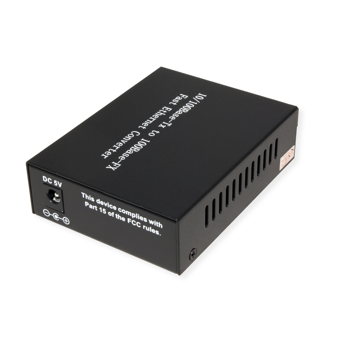 Schwarzer Ethernet-Konverter mit DC 5V-Anschluss und FCC-Hinweis.