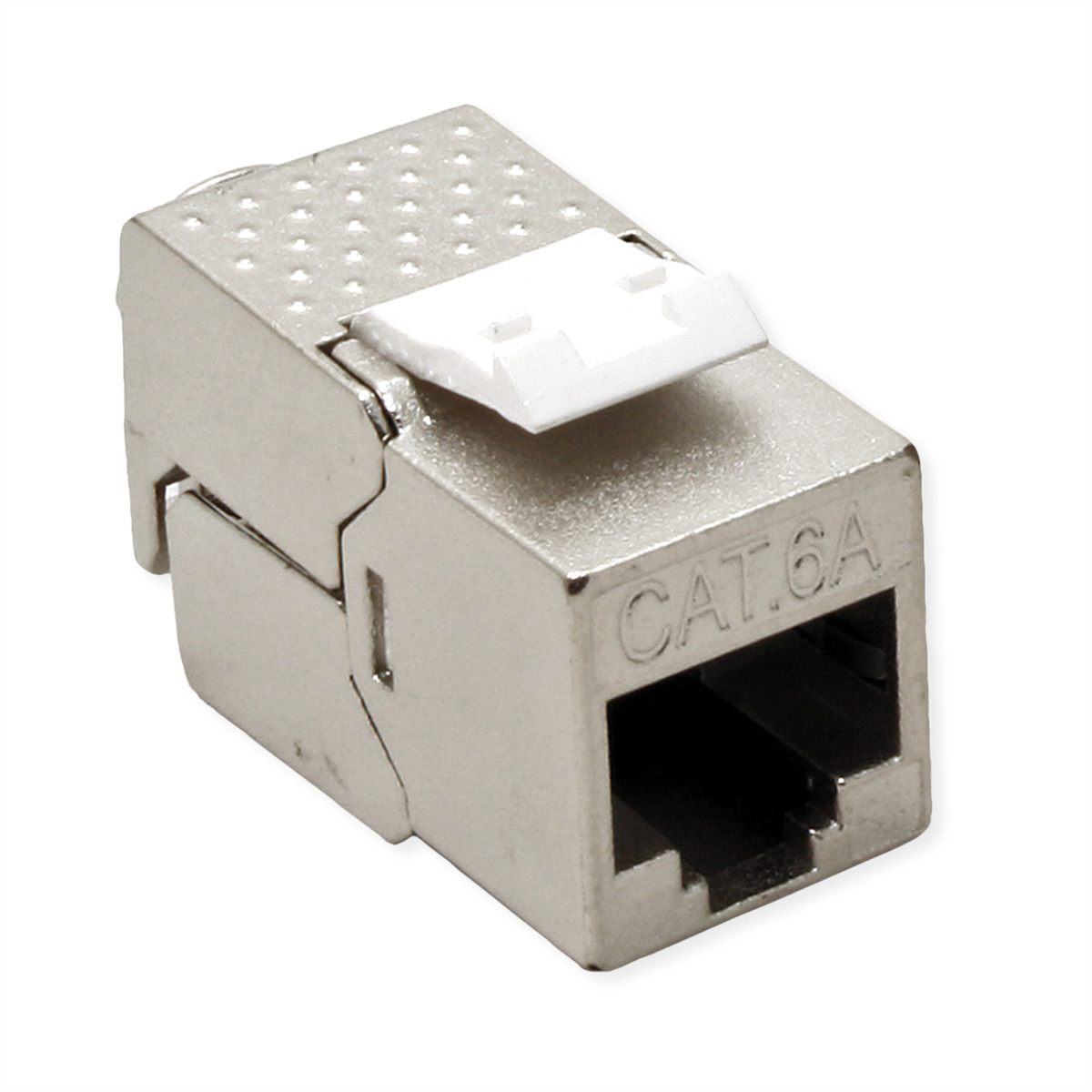 Un connettore di rete CAT.6A argentato con inserto keystone bianco.