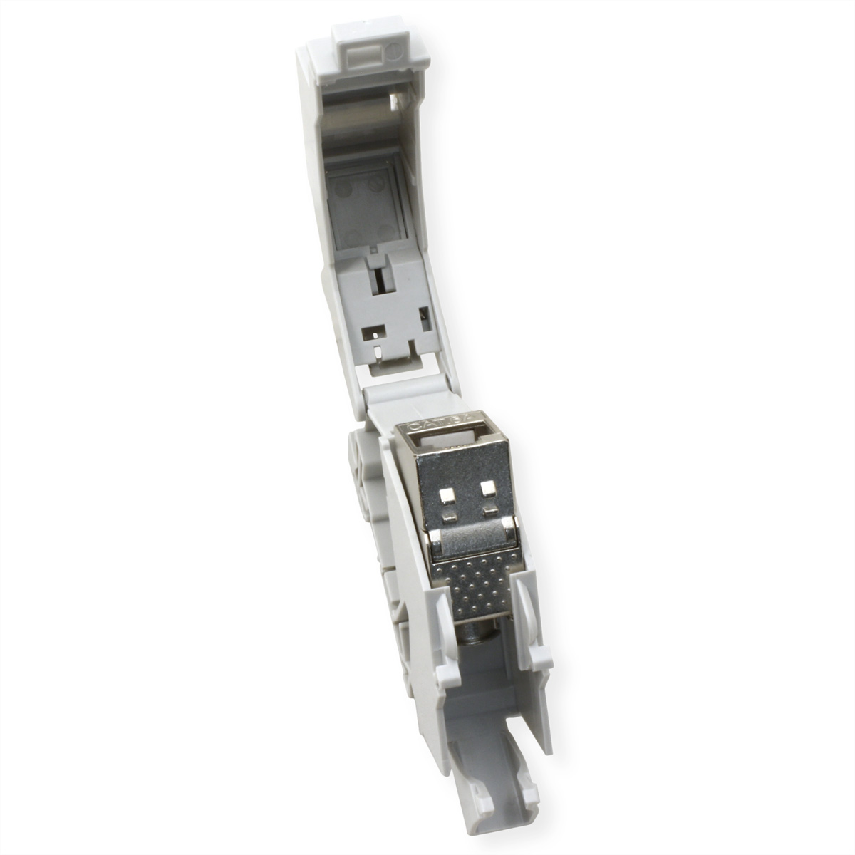 Un connettore di rete bianco con alloggiamento aperto e connettore metallico visibile.