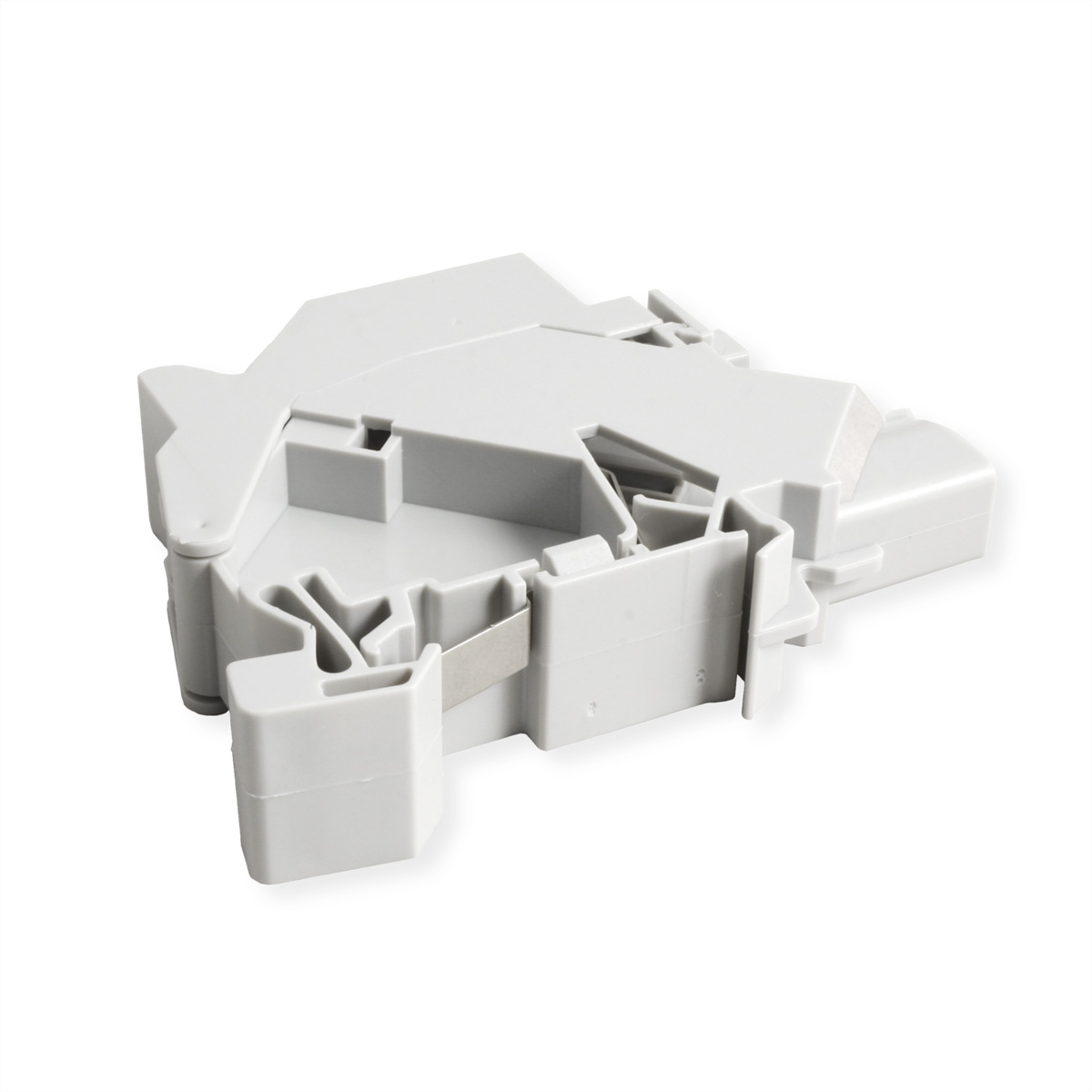 Connettore in plastica grigia dalla forma complessa con parti metalliche.