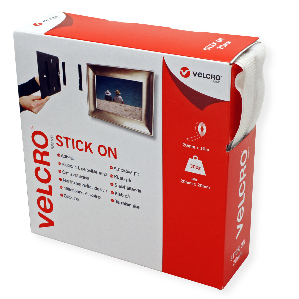 Rotolo nastro adesivo Velcro Stick On, 20mm x 10m, con foto incorniciata.