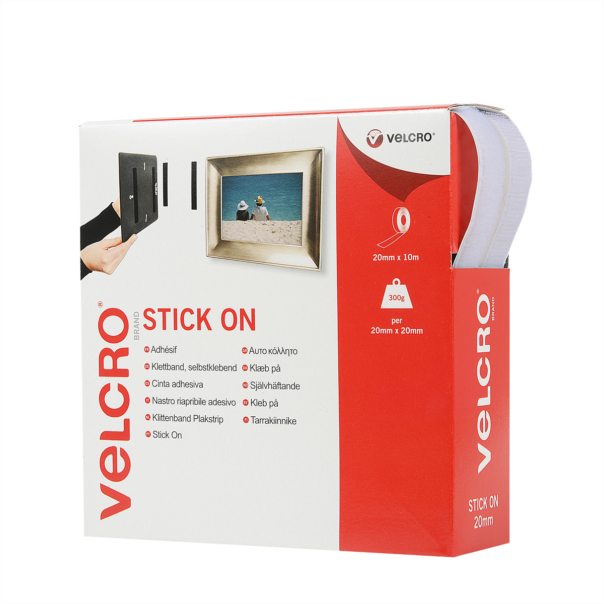 Confezione Velcro Stick On che mostra nastro e uso esempio.