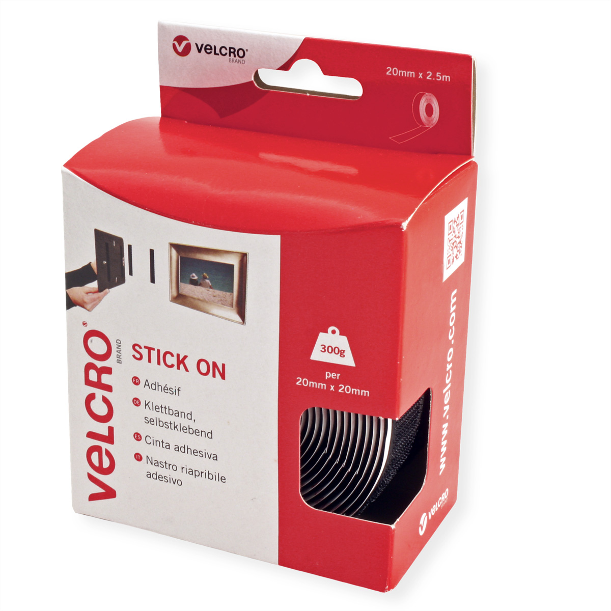 Confezione rossa e bianca di nastro adesivo VELCRO® con immagine cornice e indicazione peso.