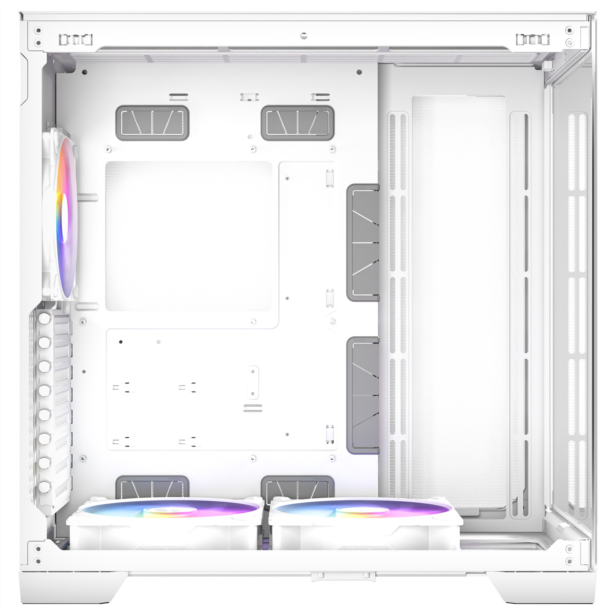 Un case per computer bianco con ventole e illuminazione RGB.