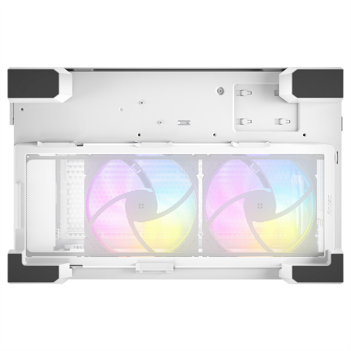 Vista superiore case PC bianco con due ventole RGB e griglia.