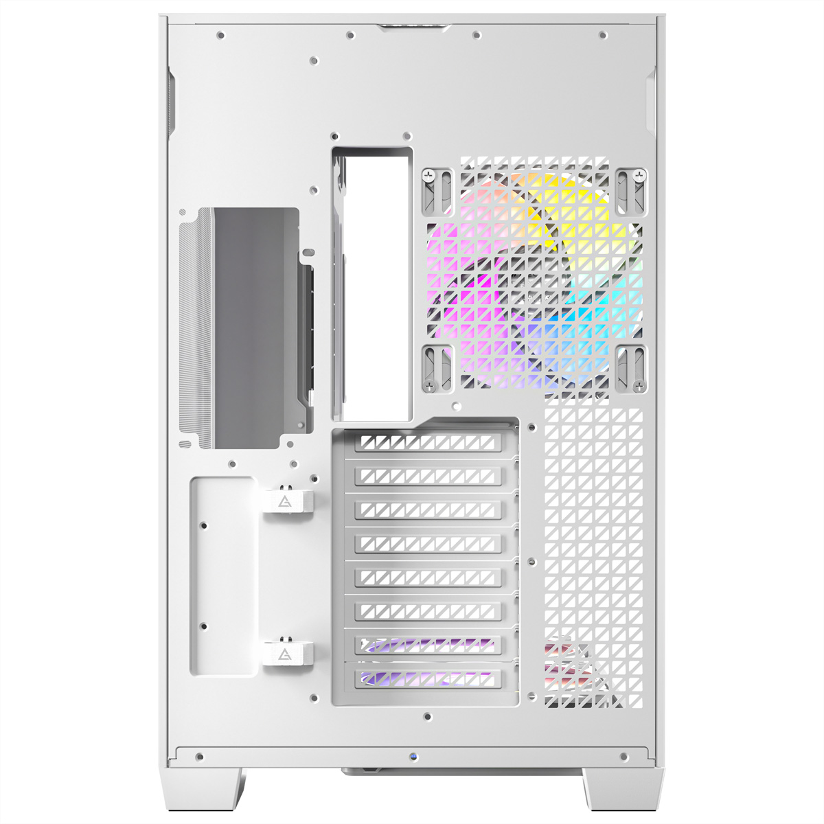 Vista posteriore di case PC bianco, con ventola RGB e slot di espansione.