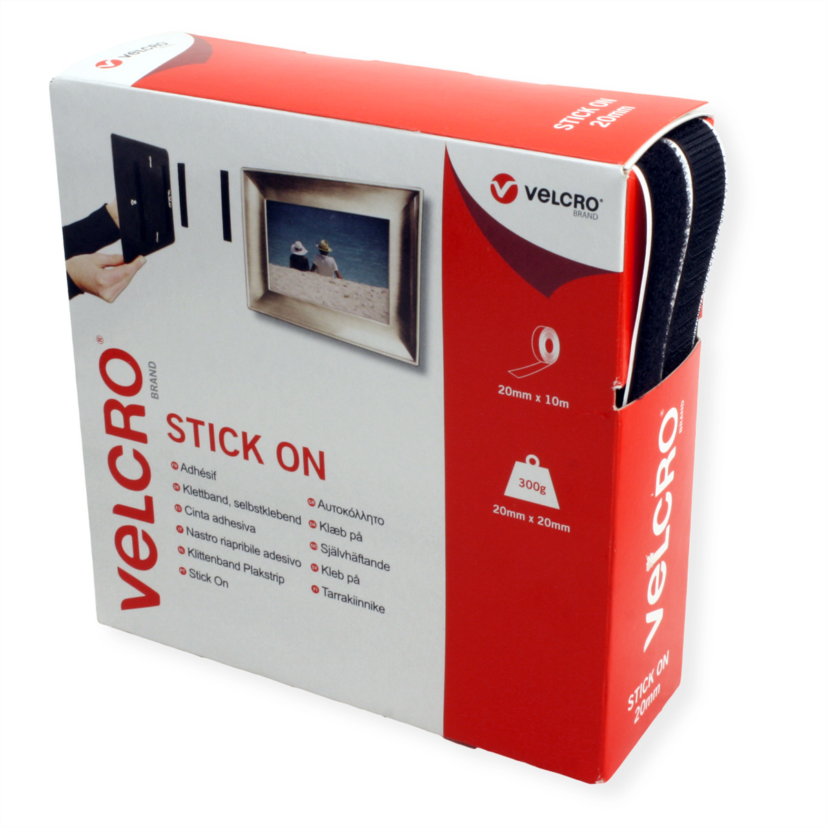 Velcro Stick On verpakking met klittenband en fotolijst toepassing.
