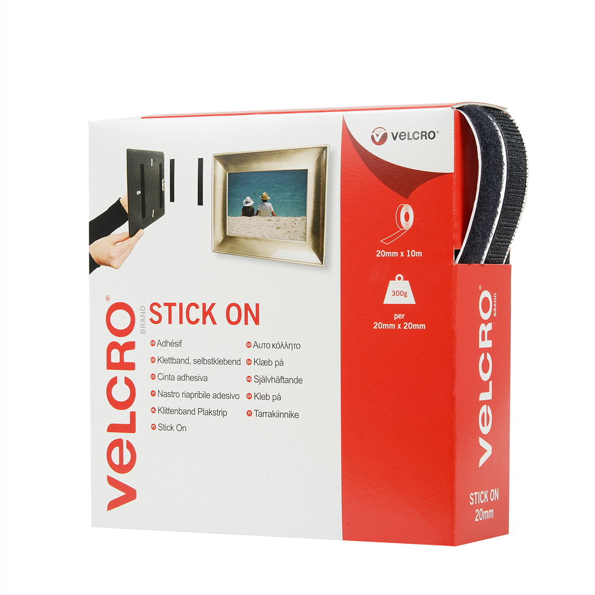 Velcro Stick On verpakking met zwarte klittenband, afbeelding strandtafereel.