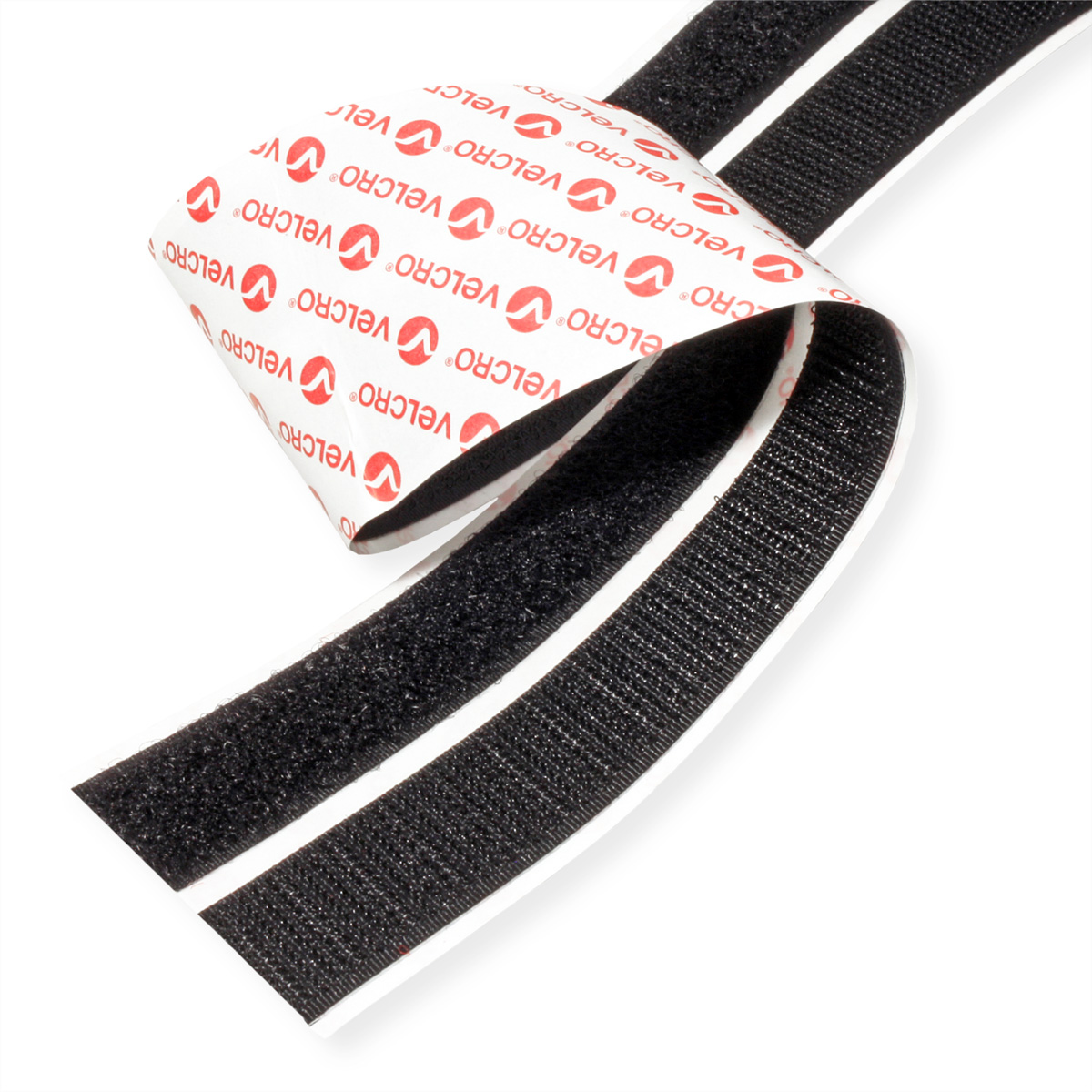 Zwarte klittenband met rood VELCRO-logo op witte achtergrond.