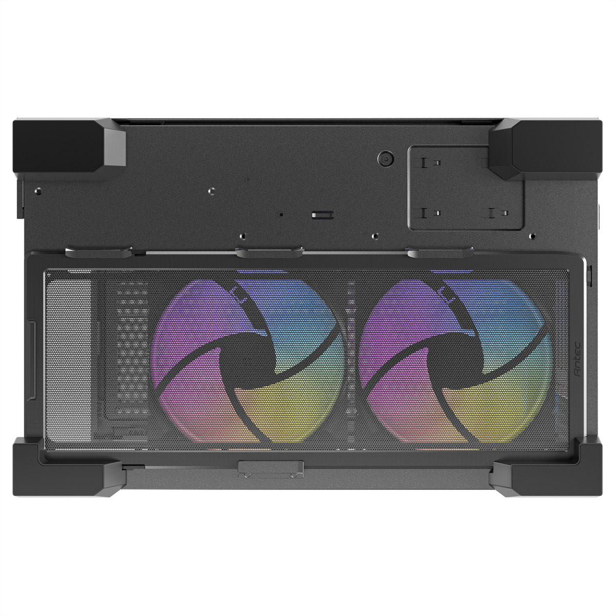 Widok z góry czarnej obudowy komputera z dwoma wentylatorami RGB.