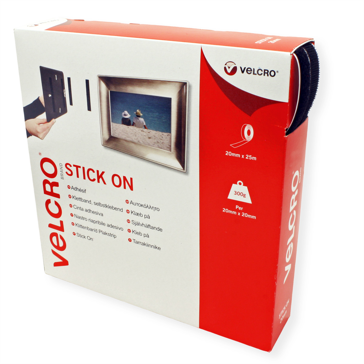 VELCRO Stick On Klebeband. Packung zeigt Bild von Bilderrahmen und Anwendungsbeispielen.
