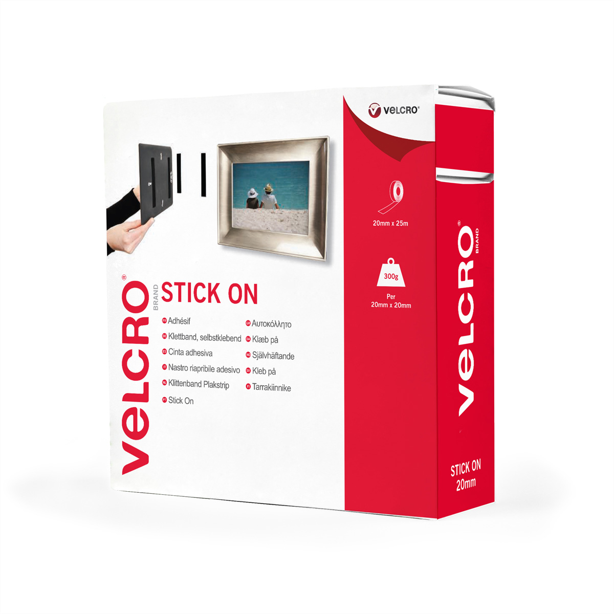 Verpackung von VELCRO® Stick On Klettband mit Bild eines Paares am Strand.