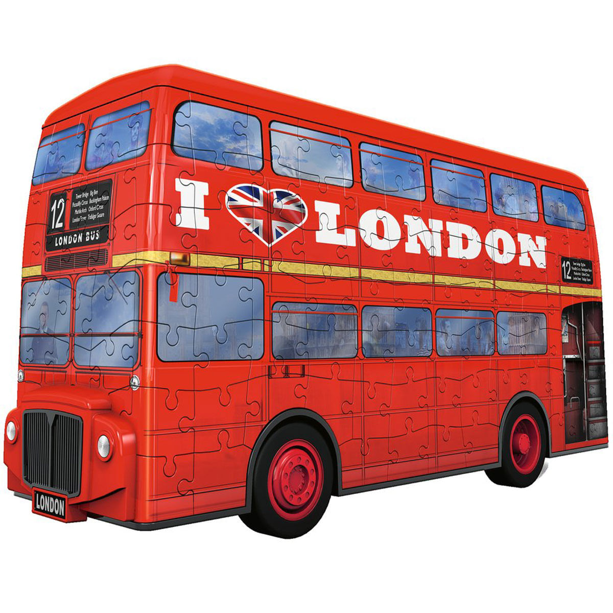 Czerwony autobus piętrowy z napisem 'I LOVE LONDON' i flagą Union Jack.
