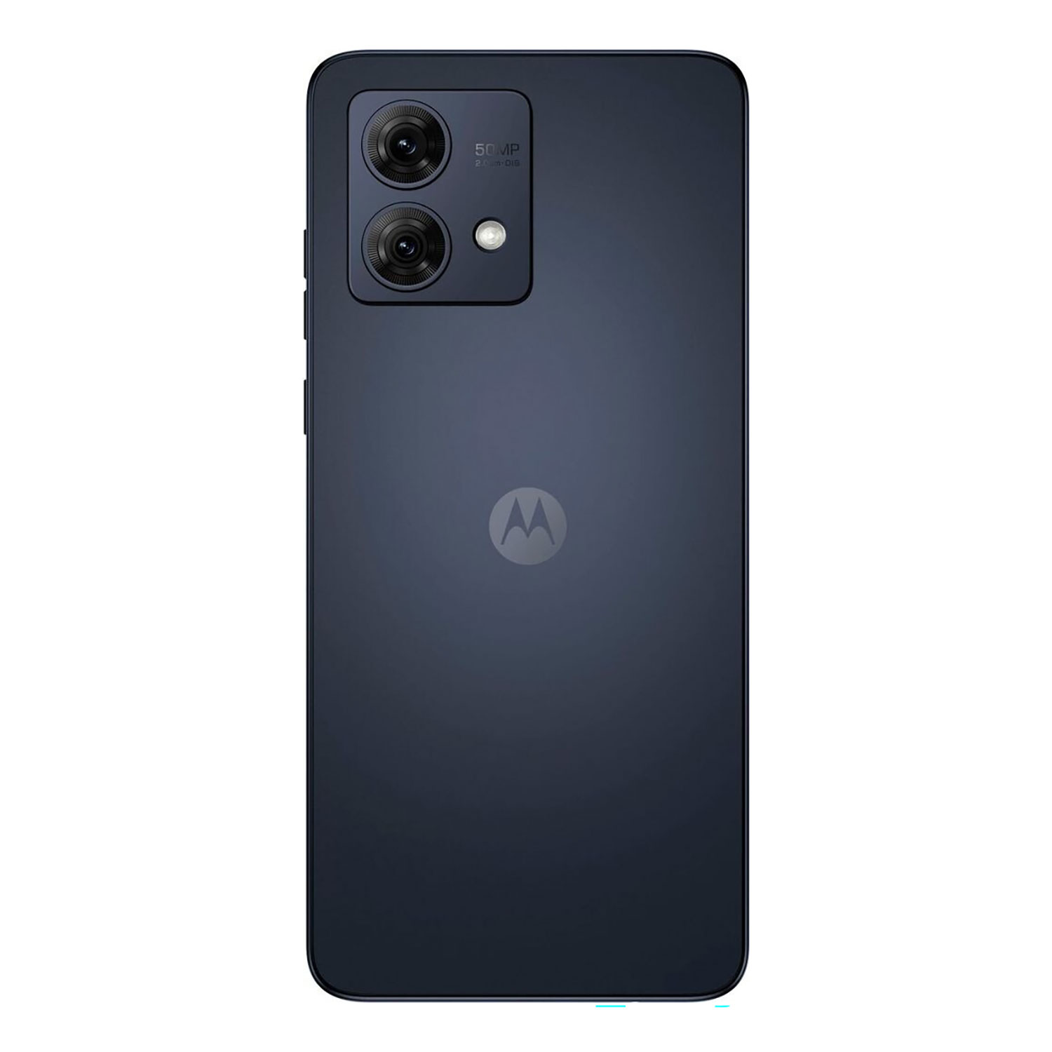 Ciemnoniebieski smartfon Motorola z aparatem 50MP i logo M na tyle.