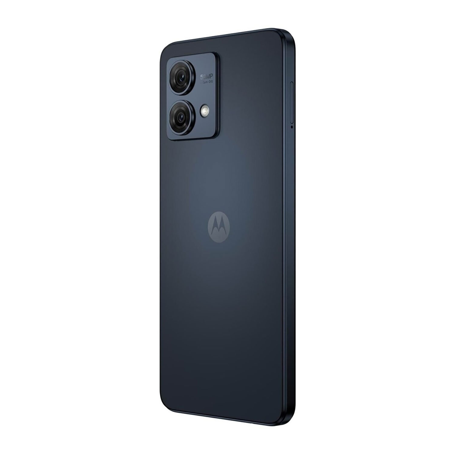 Ciemnoniebieski smartfon z podwójnym aparatem i logo Motorola z tyłu.