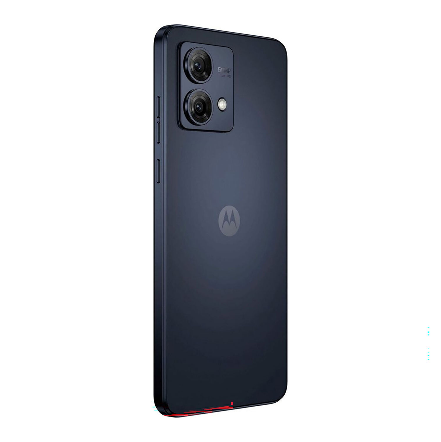 Ciemnoniebieski smartfon Motorola z aparatem 50MP, przyciskiem bocznym i logo Motorola.