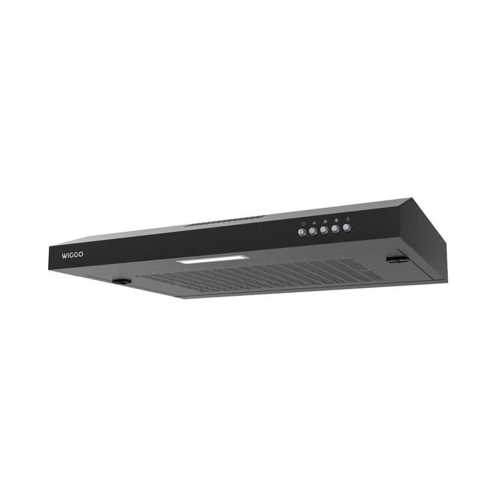 Black range hood with button controls and integrated light, white background.