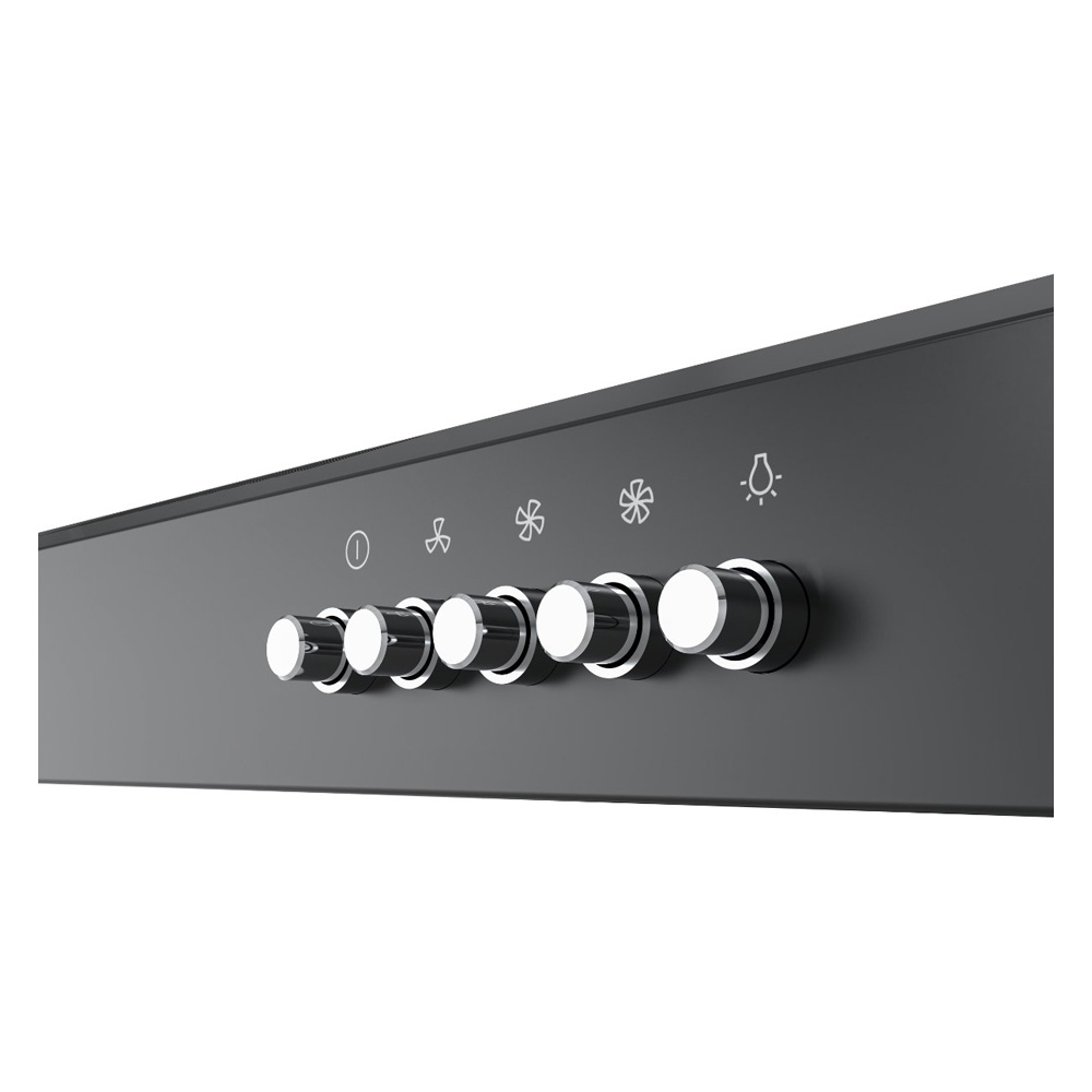 Control panel with six rotary knobs and symbols for fan and light.