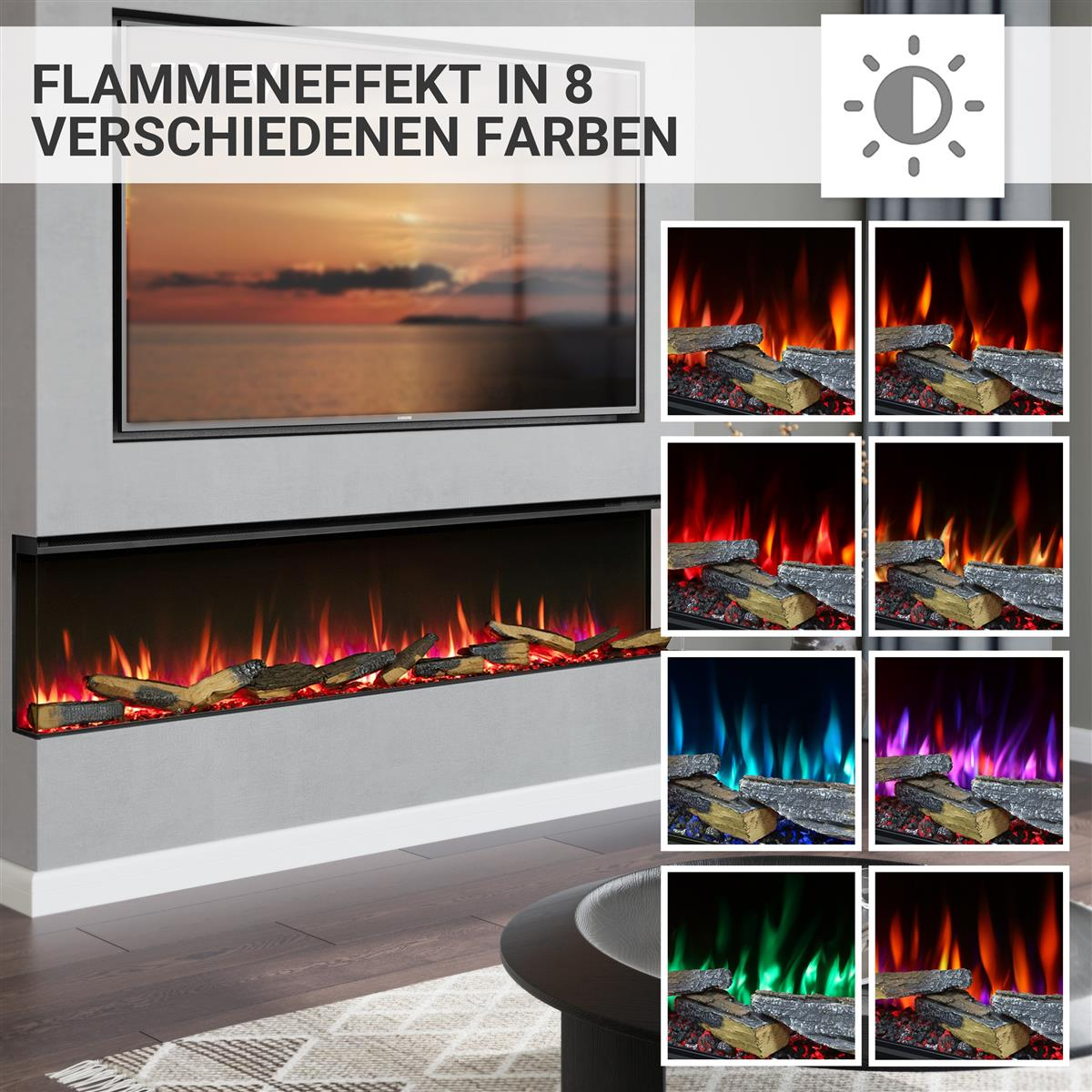 Elektrischer Kamin mit Flammen in 8 Farben, Holzscheite und Glüheffekt.