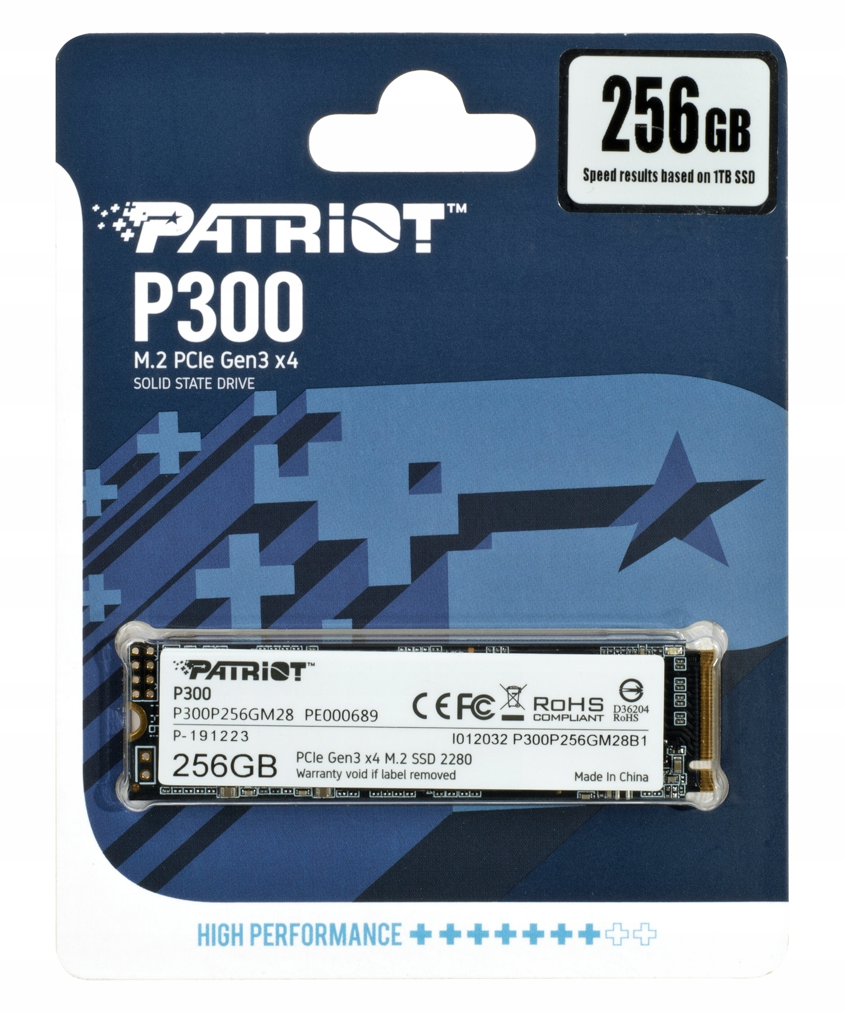 Patriot P300 256GB M.2 SSD w blistrze z niebieskimi wzorami geometrycznymi.