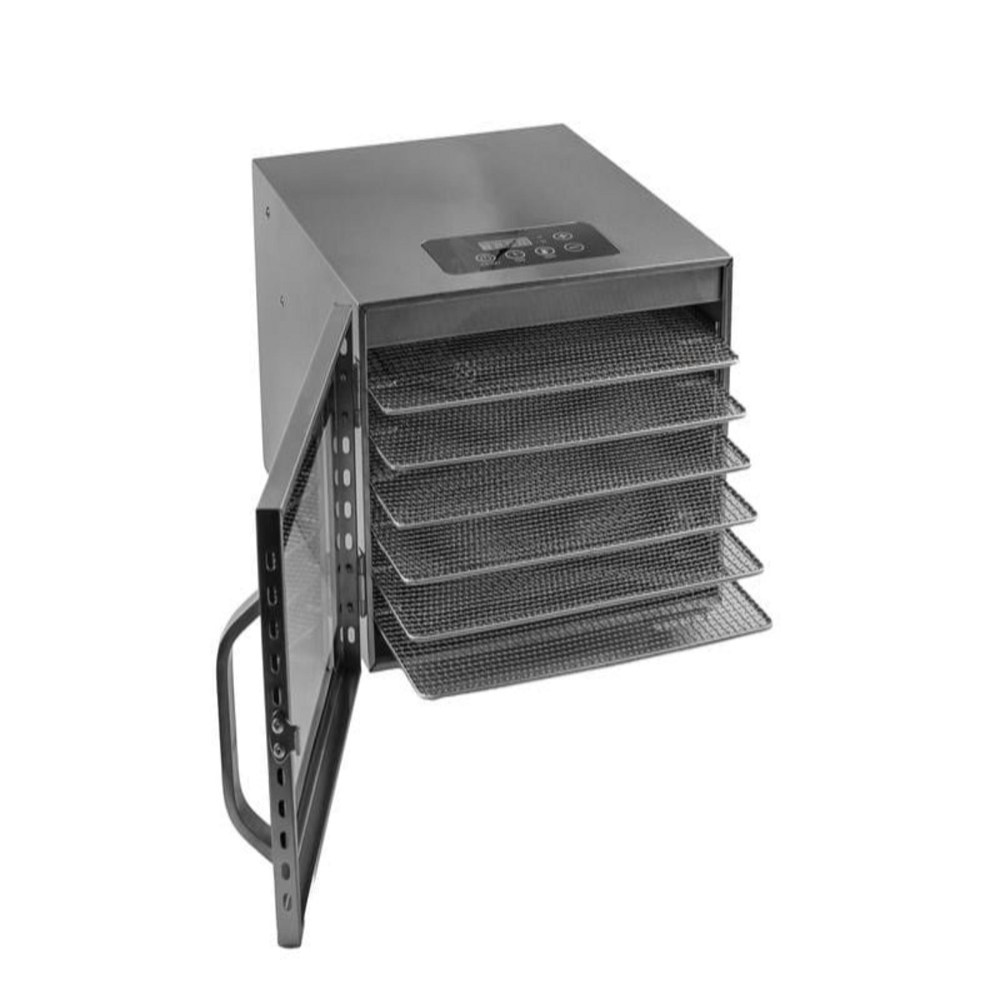 Essiccatore per alimenti in acciaio inox con sette griglie e porta aperta.