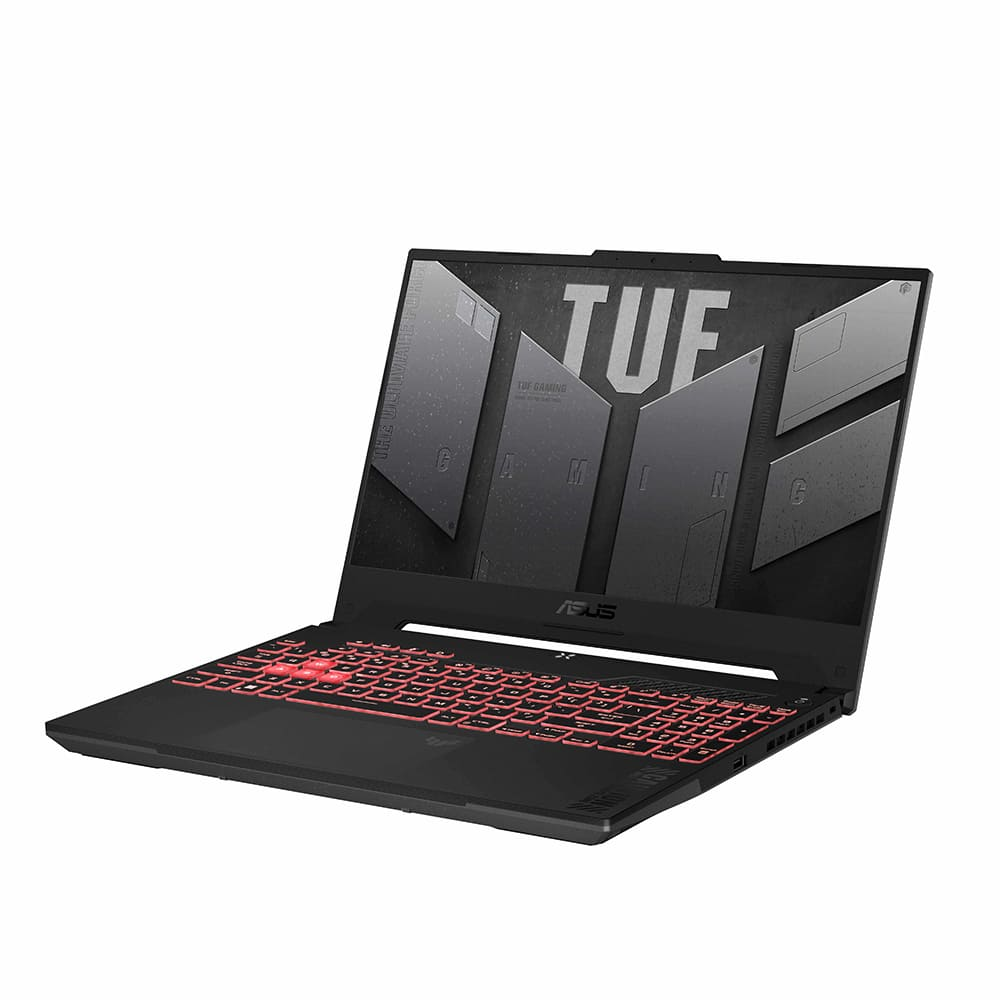 Kırmızı ışıklı klavyeli siyah dizüstü bilgisayar, ekranda "TUF GAMING" logosu.