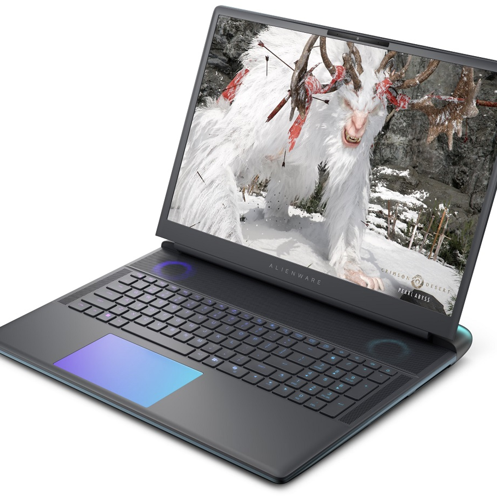 Alienware dizüstü bilgisayar, karda boynuzları ve okları olan beyaz, tüylü bir yaratık gösteriyor.