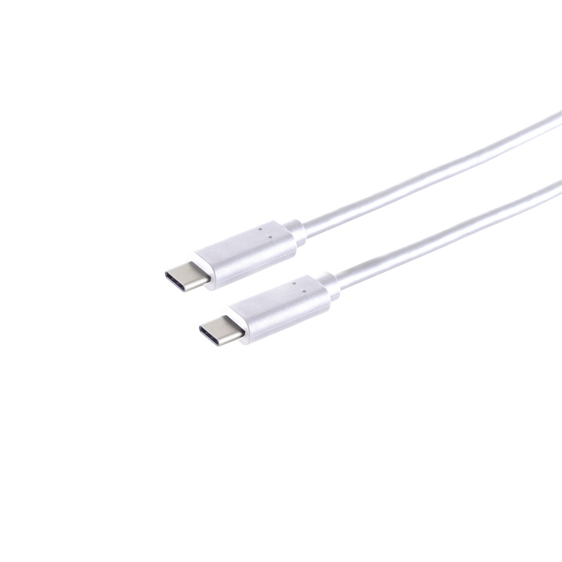 Due cavi USB-C bianchi con connettori argentati su sfondo bianco.