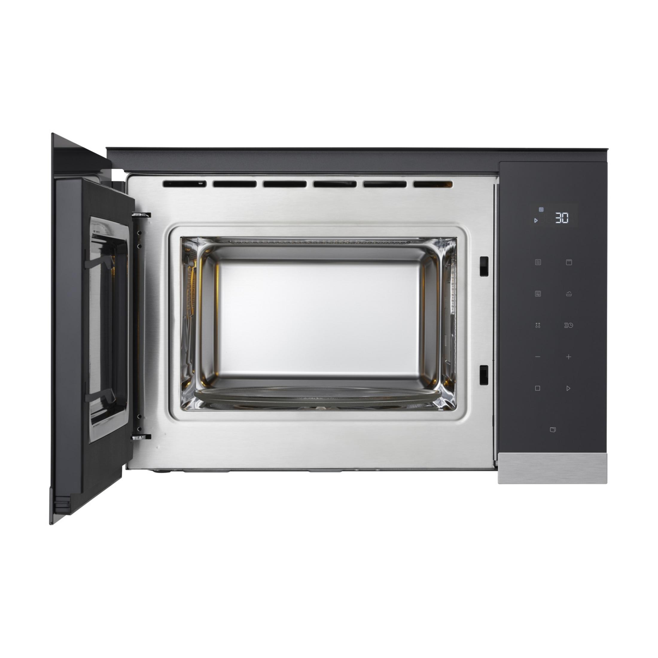 Forno a microonde aperto con display digitale e pulsanti.
