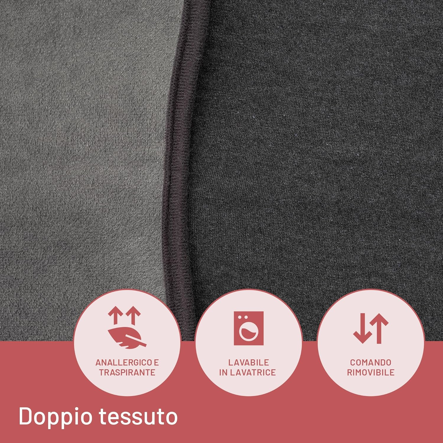 Tejido gris con tres iconos: hipoalergénico, lavable a máquina, extraíble.