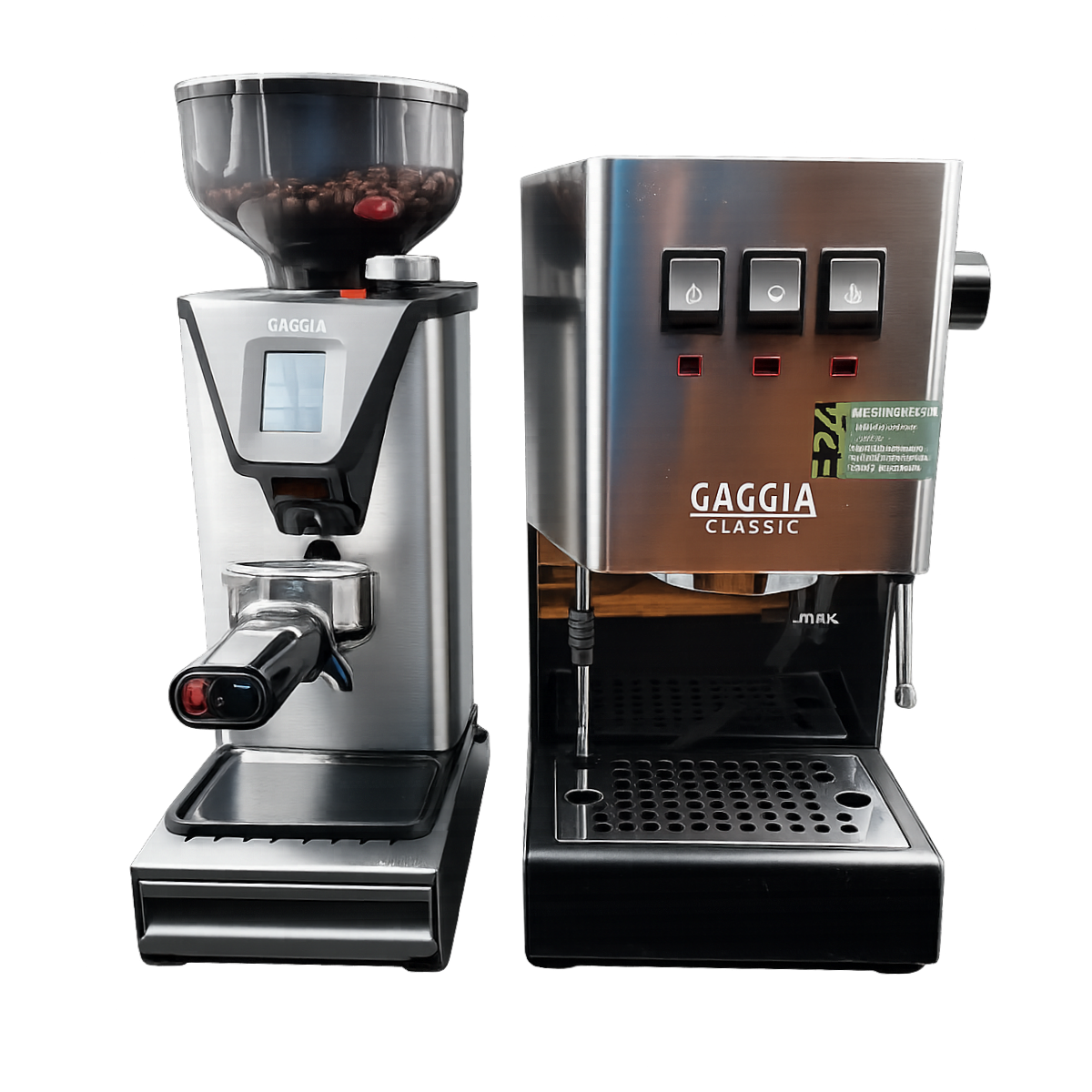 Twee Gaggia koffiemachines naast elkaar, een molen en een espressomachine.
