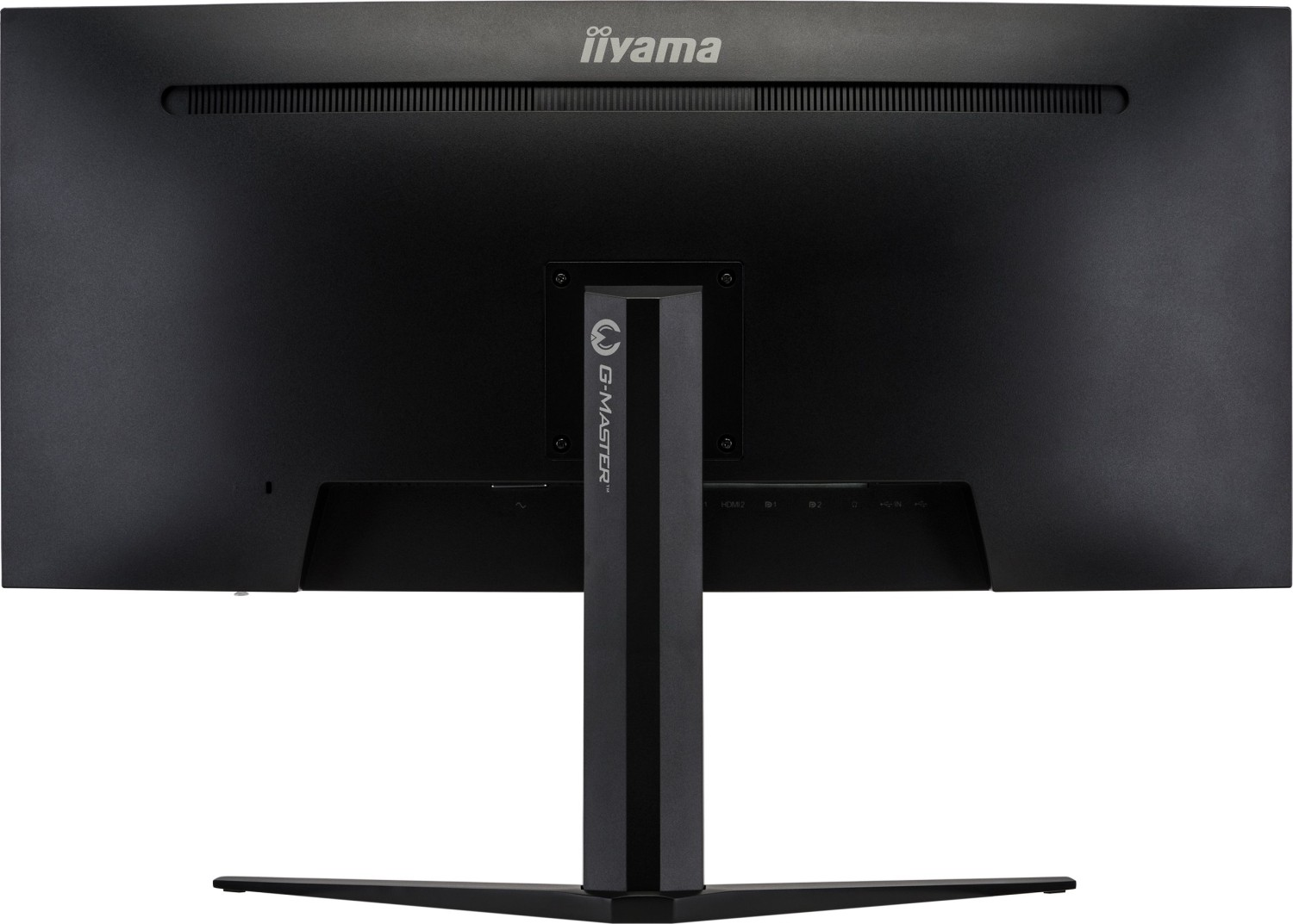 Rückseite eines schwarzen Monitors mit Iiyama-Logo und G-Master-Ständer.