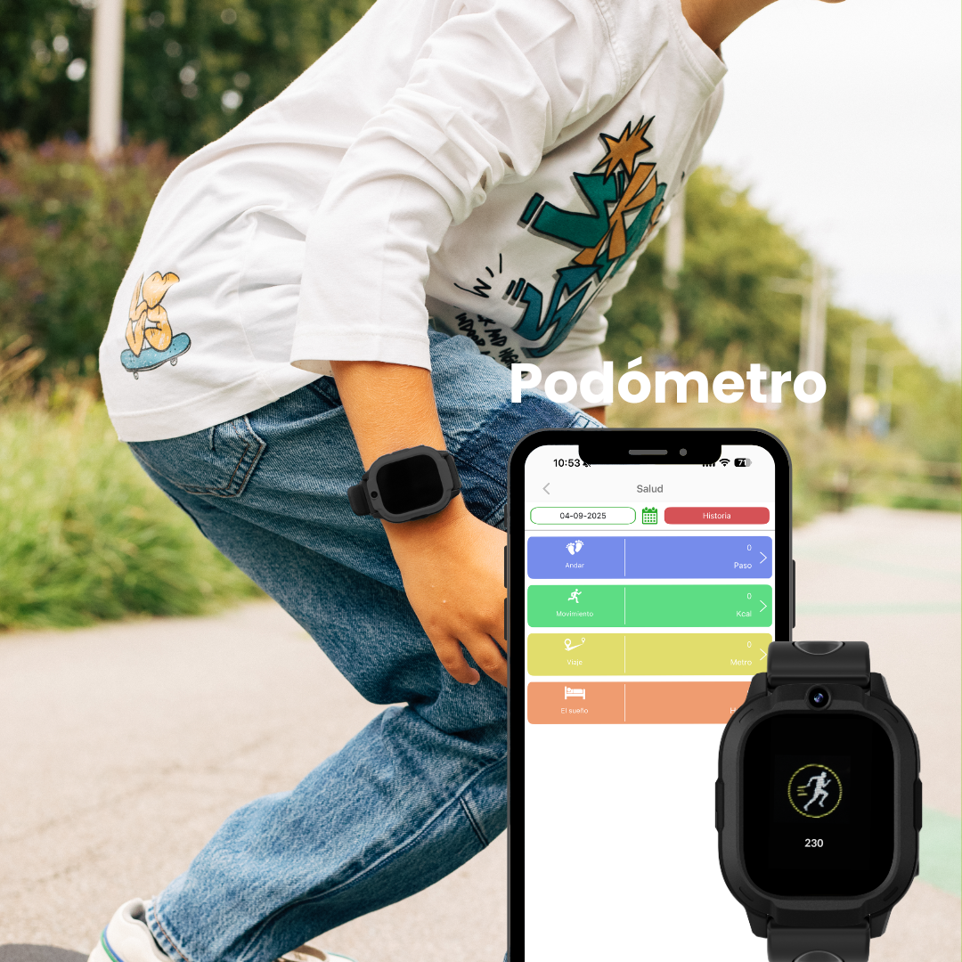 Un niño con un reloj inteligente y un teléfono con app de podómetro.