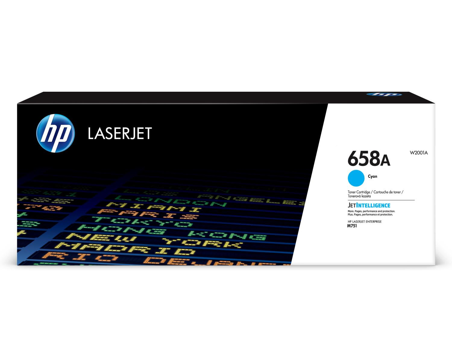 Toner HP LaserJet 658A Cyan z technologią JetIntelligence na tle tablicy odlotów lotniska.