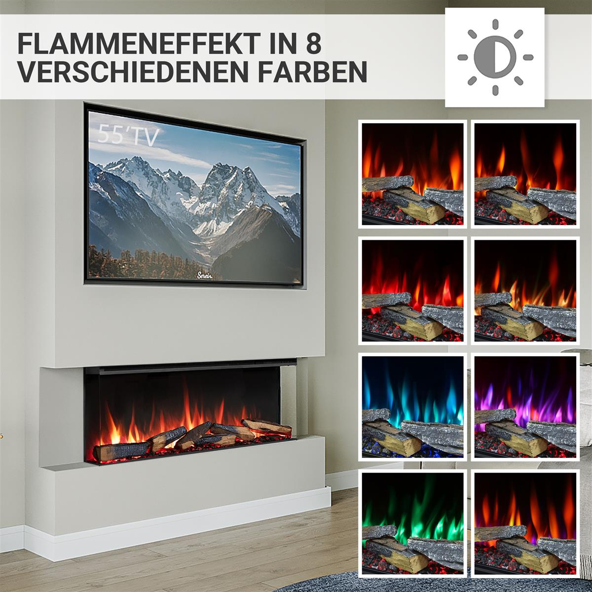 Moderner Kamin mit Fernseher und Flammen in 8 Farben.